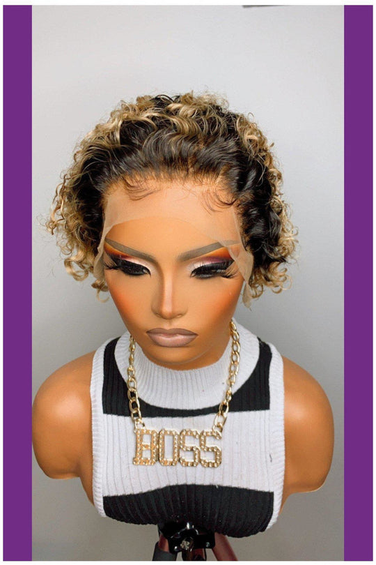 Glueless Pixie Cut Curly Lace Frontal Wig ( Dark-Root) wig - Jozelhair